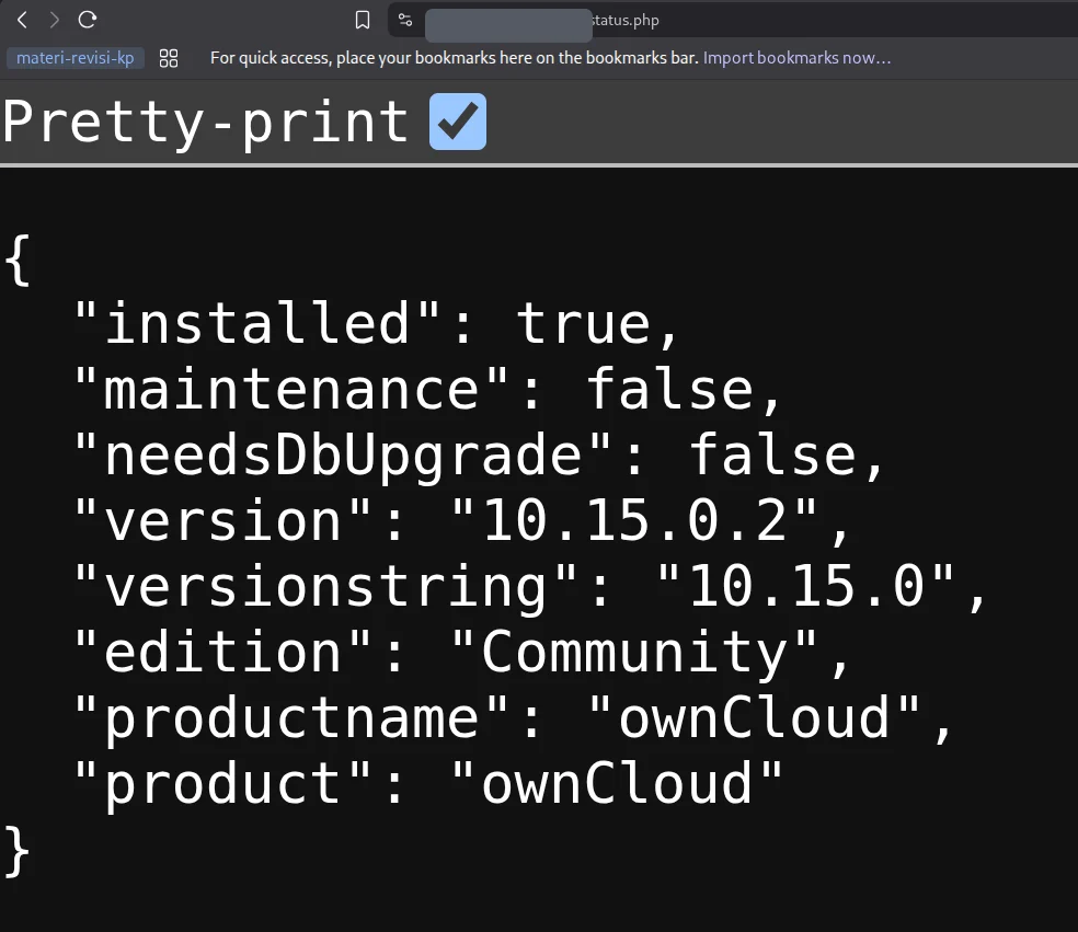 ownCloud status.php confirming version 10.15.0.2 Community edition in production