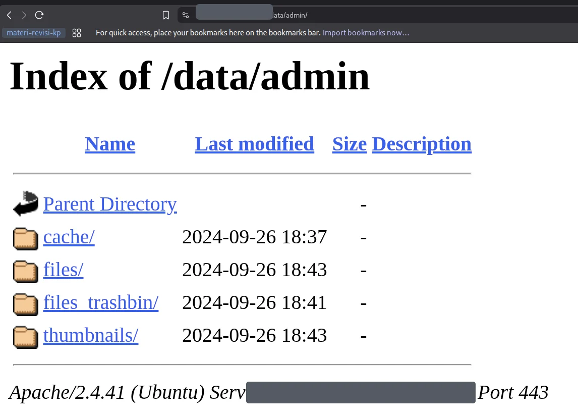 Apache directory listing of /data/admin exposing ownCloud internal folders cache, files, files_trashbin, thumbnails