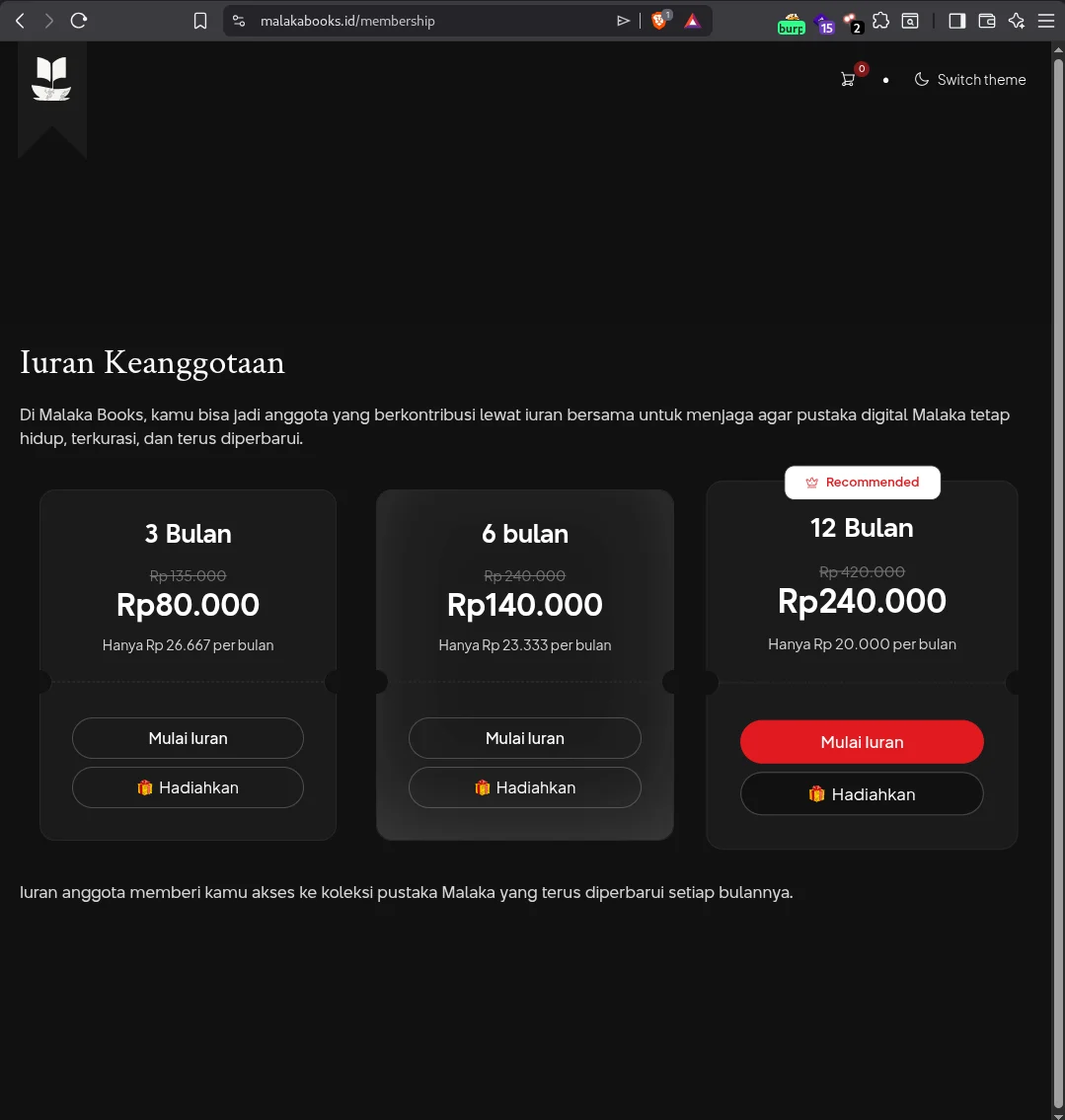 MalakaBooks membership page showing three subscription tiers: 3, 6, and 12 months