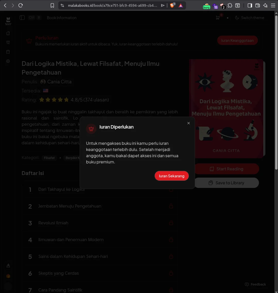 MalakaBooks paywall popup reading Iuran Diperlukan / Membership Required, blocking a premium book