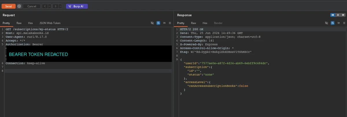 Burp Suite showing GET /subscriptions/my-status returning canAccessSubscriptionBooks false