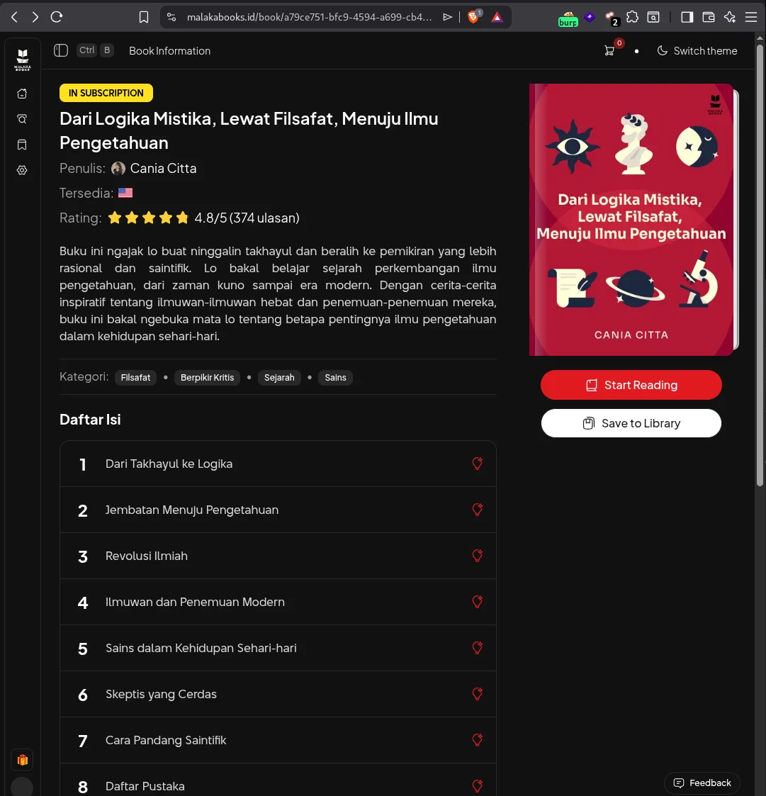 The previously locked MalakaBooks premium book now showing an IN SUBSCRIPTION badge and a Start Reading button