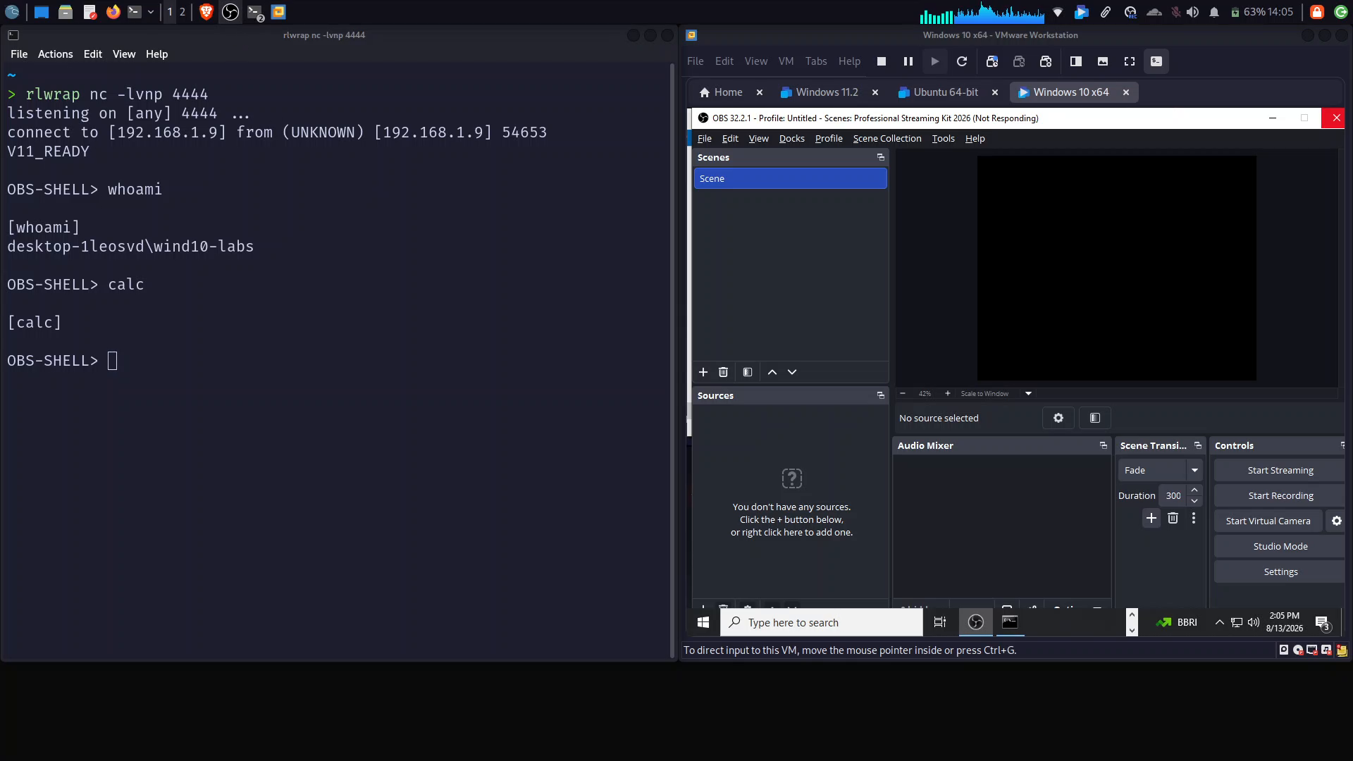 Terminal showing calc command executed while VM displays OBS in frozen state