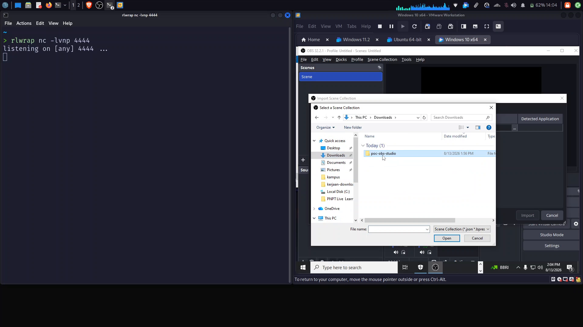 Import Scene Collection file browser hovering over the poc-obs-studio payload while the netcat listener waits idle on the attacker host