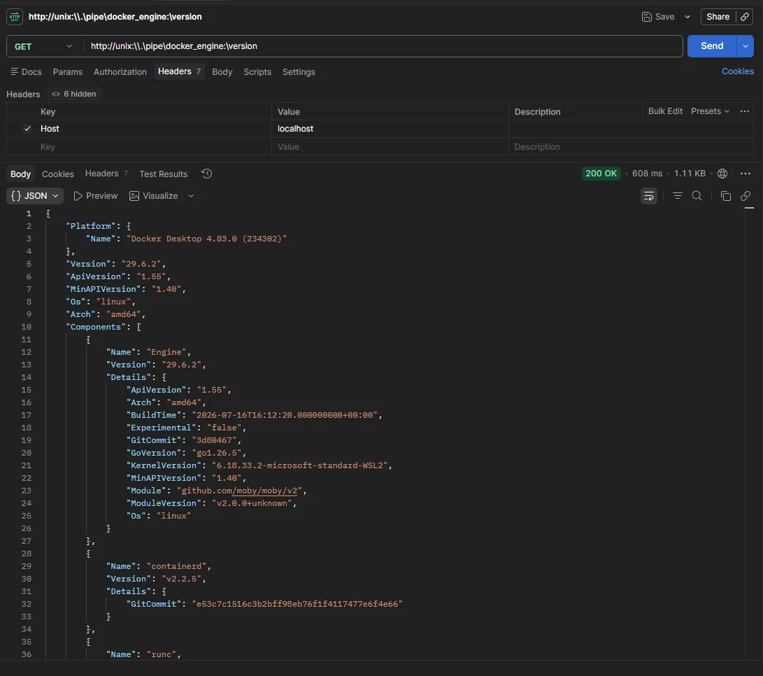 Postman GET request to http://unix:\\.\pipe\docker_engine:\version returning a real Docker Engine version block