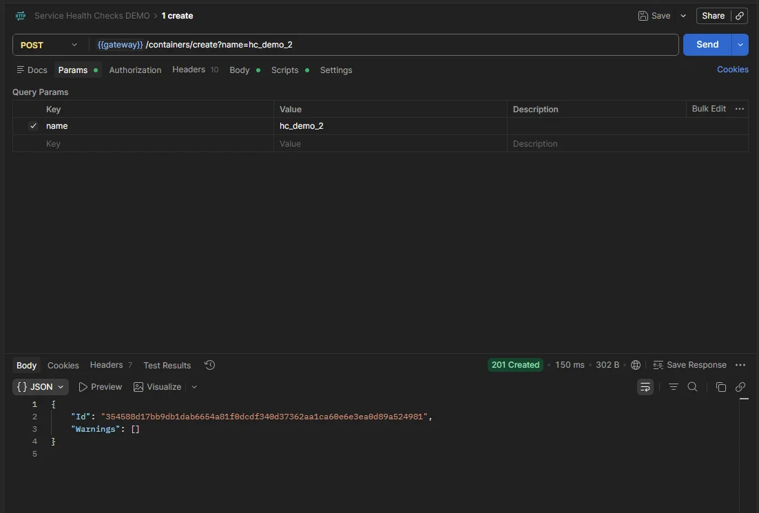 POST request to {{gateway}}/containers/create returning 201 Created with a new container Id