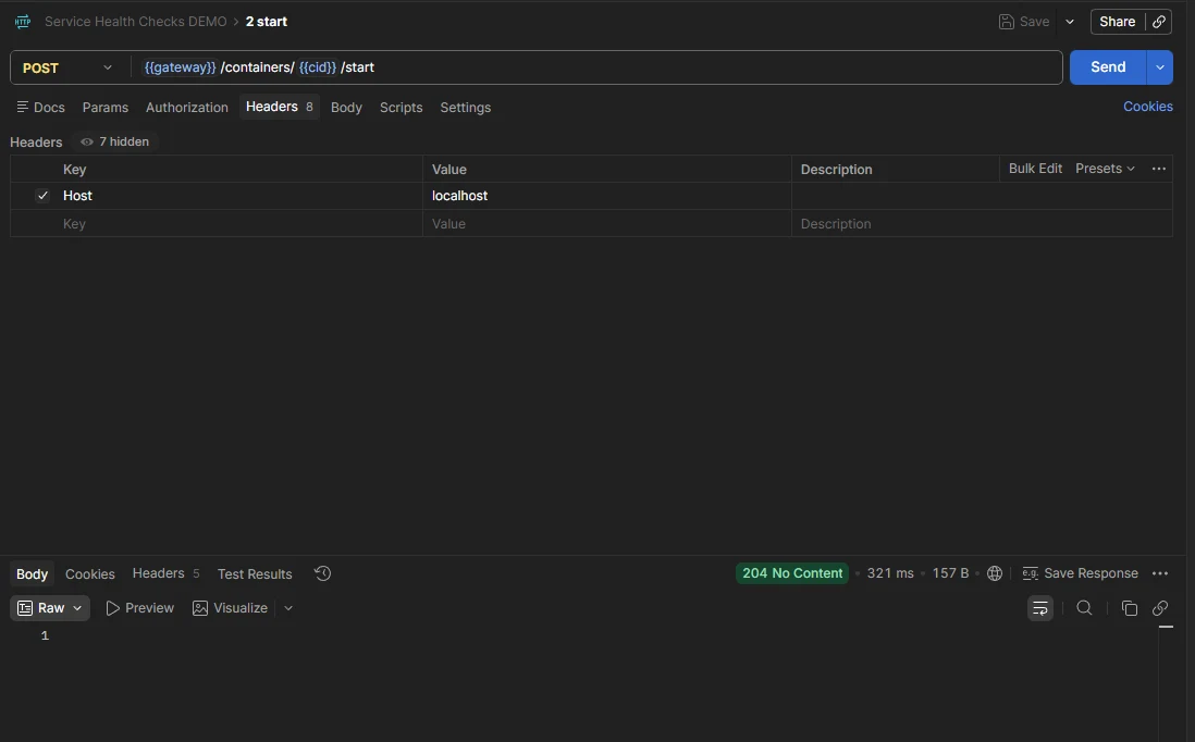 POST request to {{gateway}}/containers/{{cid}}/start returning 204 No Content