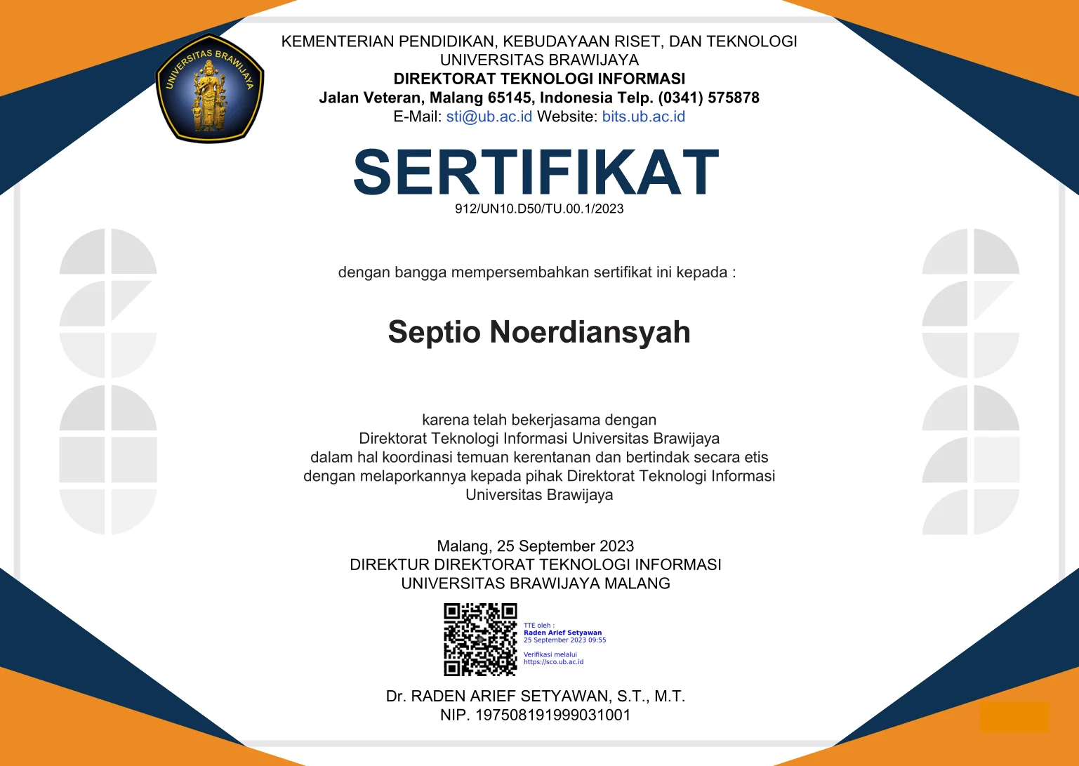 Certificate of Appreciation From Brawijaya University — Brawijaya University