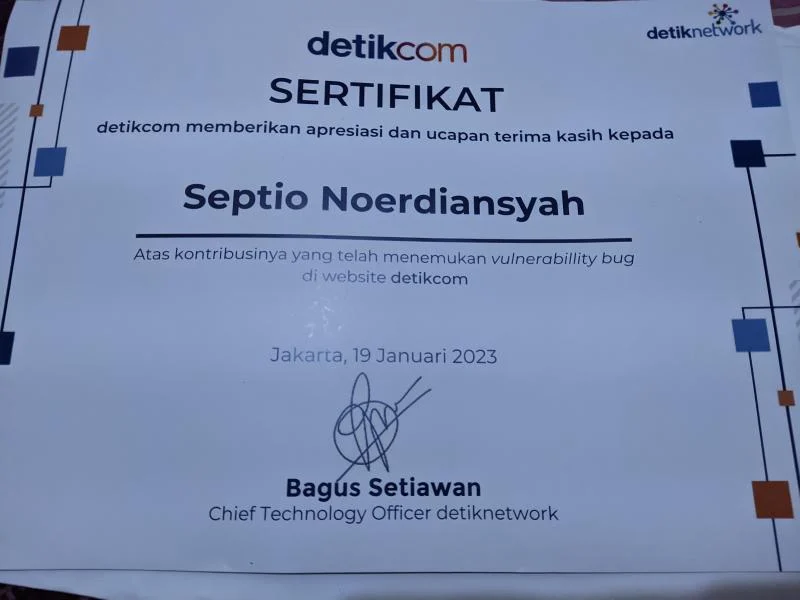 Certificate of Appreciation From detik.com — detik.com