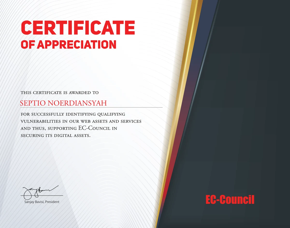 EC-Council Certificate of Appreciation awarded to Septio Noerdiansyah for identifying qualifying vulnerabilities