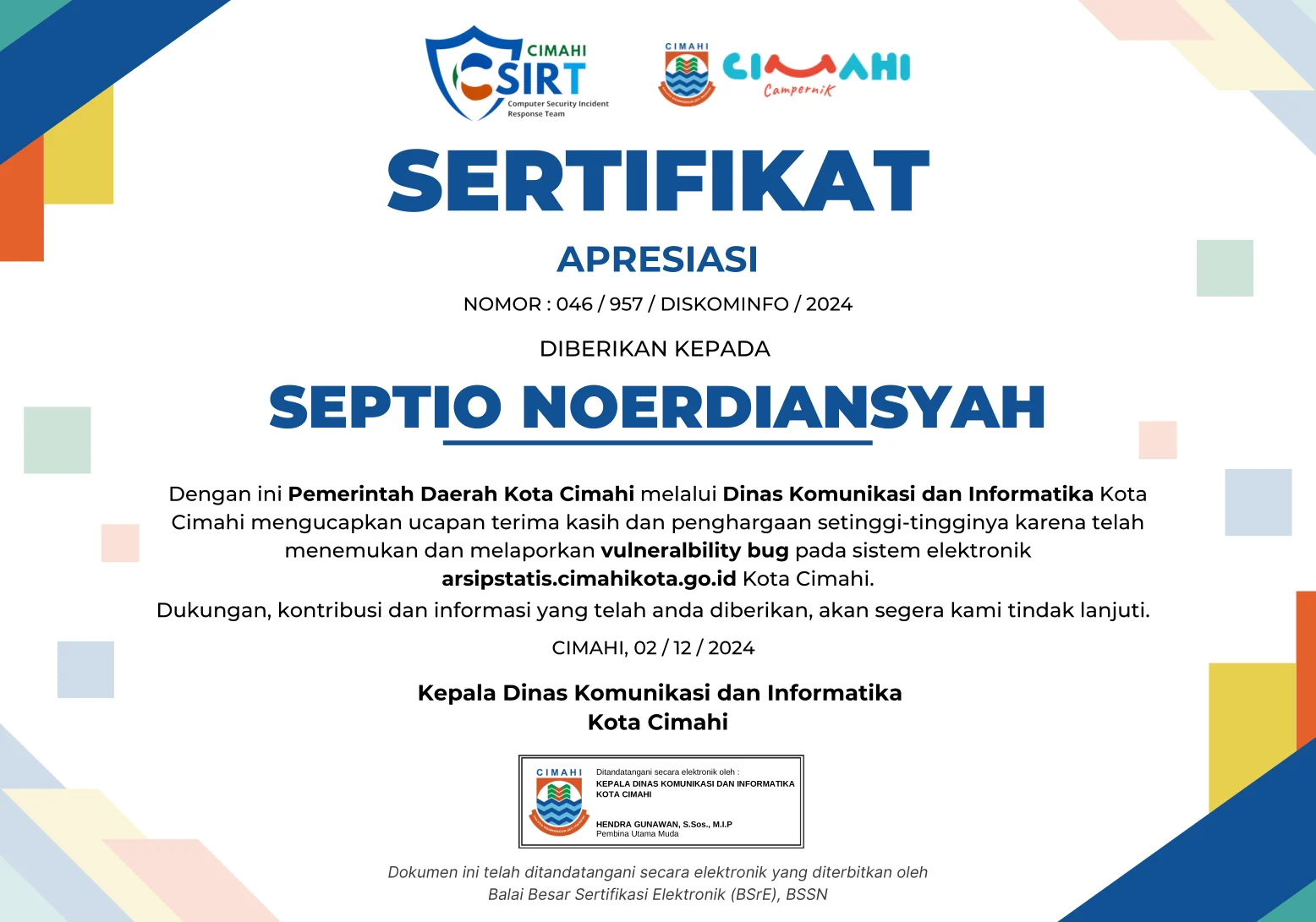 Certificate of Appreciation From CSIRT - Cimahi — CSIRT - Cimahi