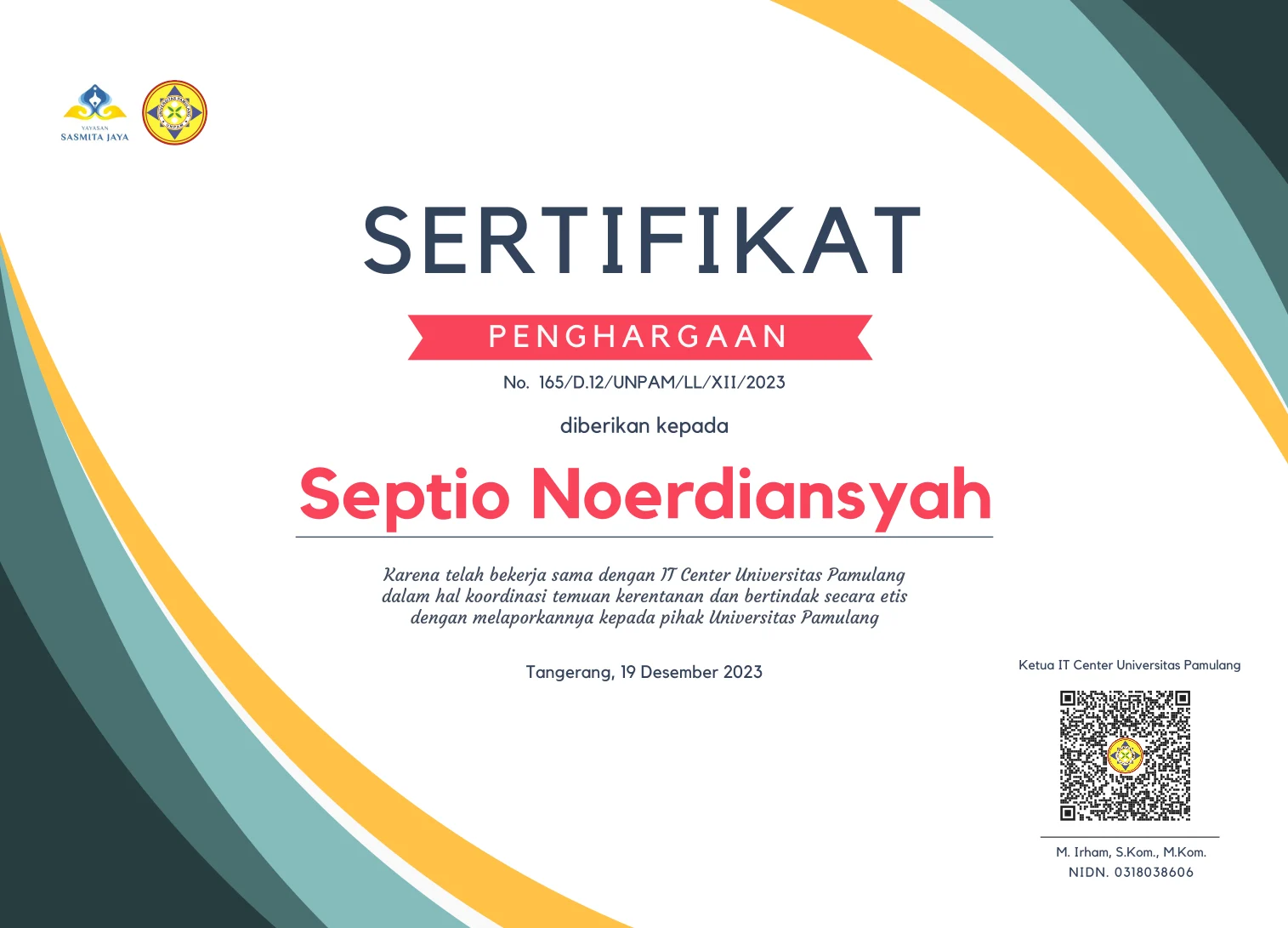 Certificate of Appreciation From IT Center Pamulang University — IT Center Pamulang University